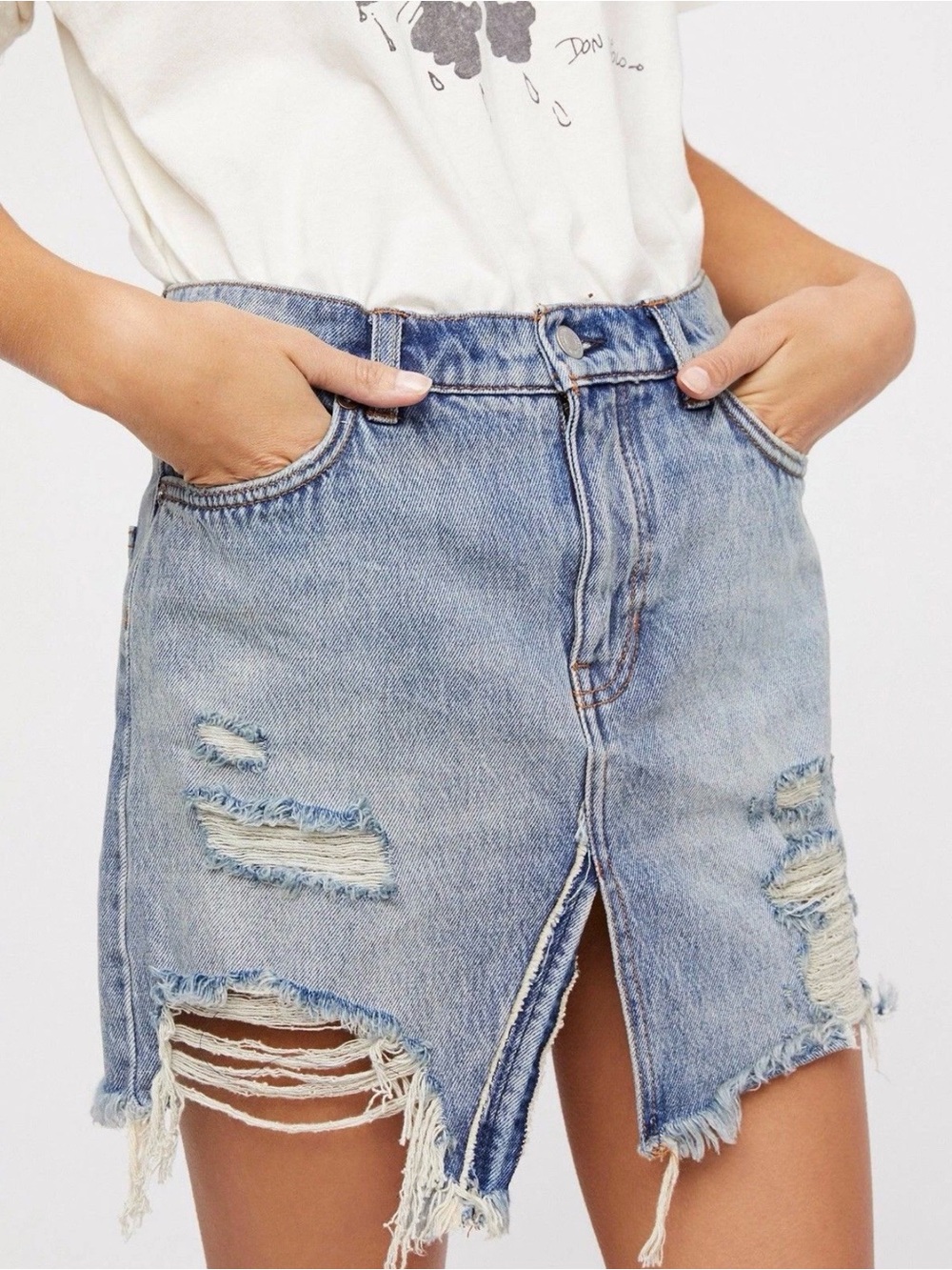 We The Free Relaxed & Destroyed Denim Mini Skirt